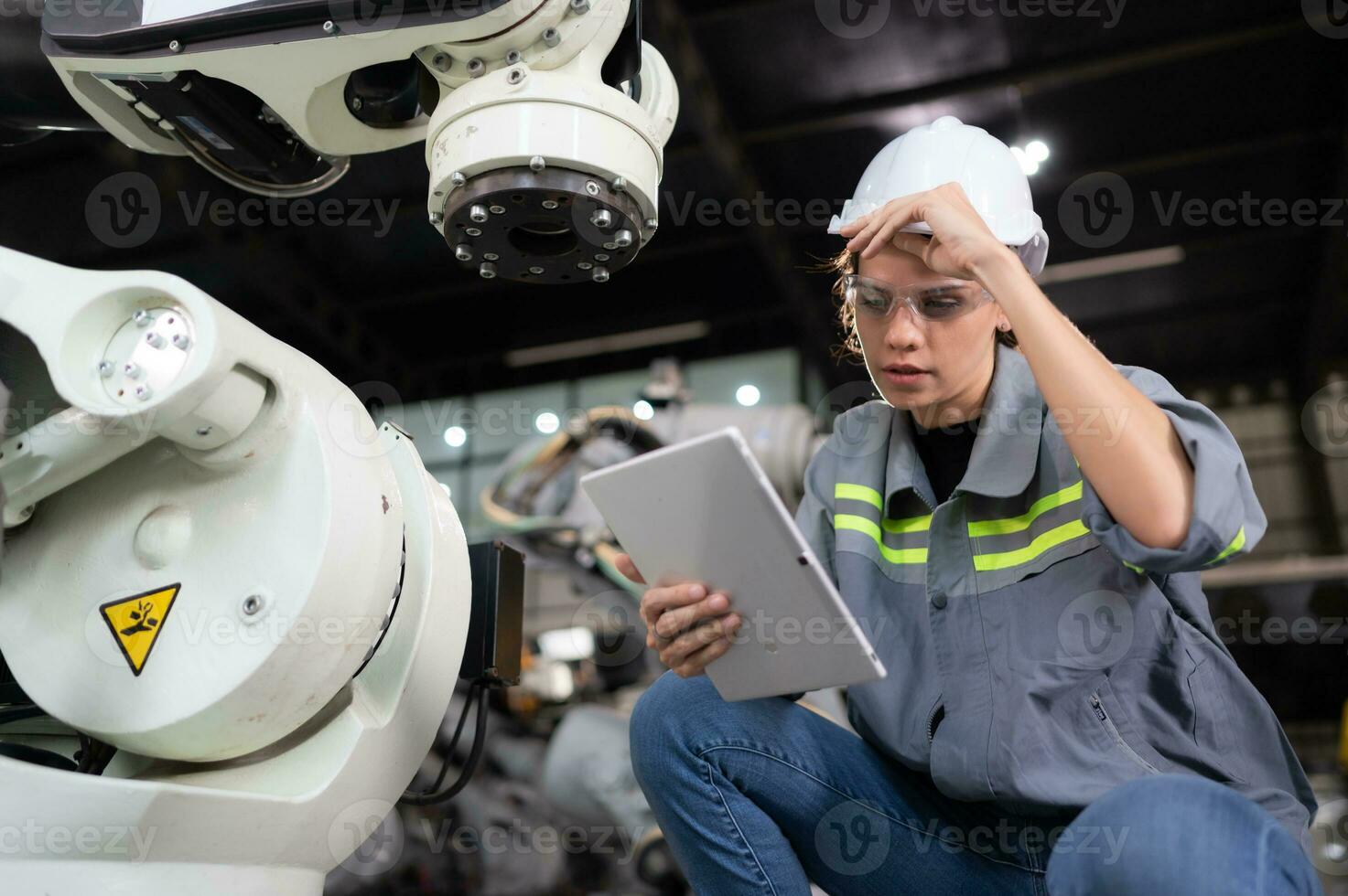 A female engineer installs a program on a robotics arm in a robot warehouse. And test the operation before sending the machine to the customer. photo