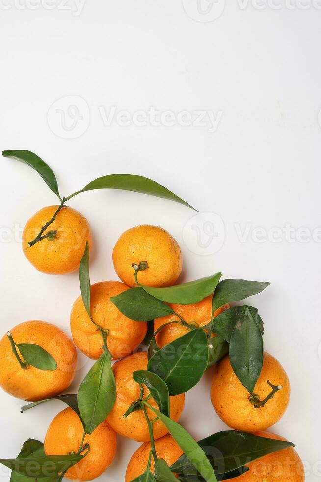 mandarin orange green leaf wood crate box top view copy text space frame on white background photo