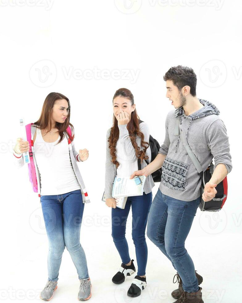 Yong south east Asian middle eastern Caucasian youth man woman in casual dress walk talk fun sit at table book notebook pen laptop computer study think read on white background photo