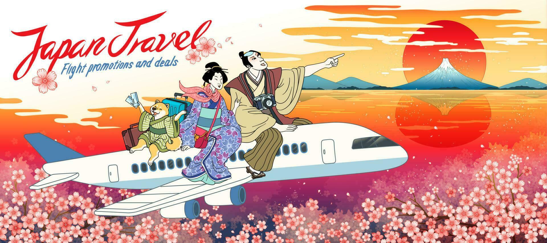 Flight promo banner, with geisha, samurai and shiba inu dog excitingly flying toward Japan for ethnic adventure vector