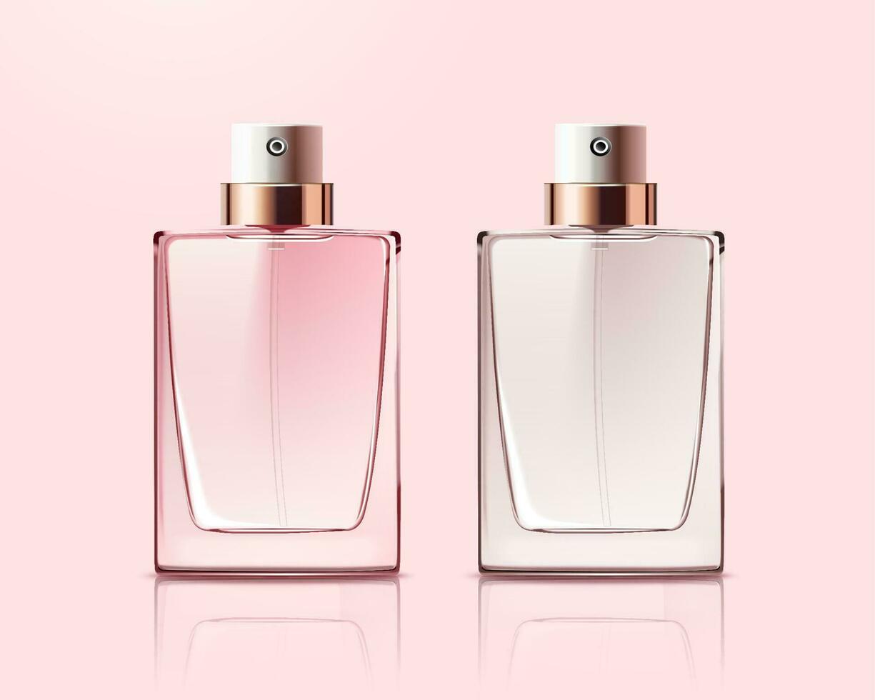 Blank perfume glass bottles on light pink background in 3d illustration vector