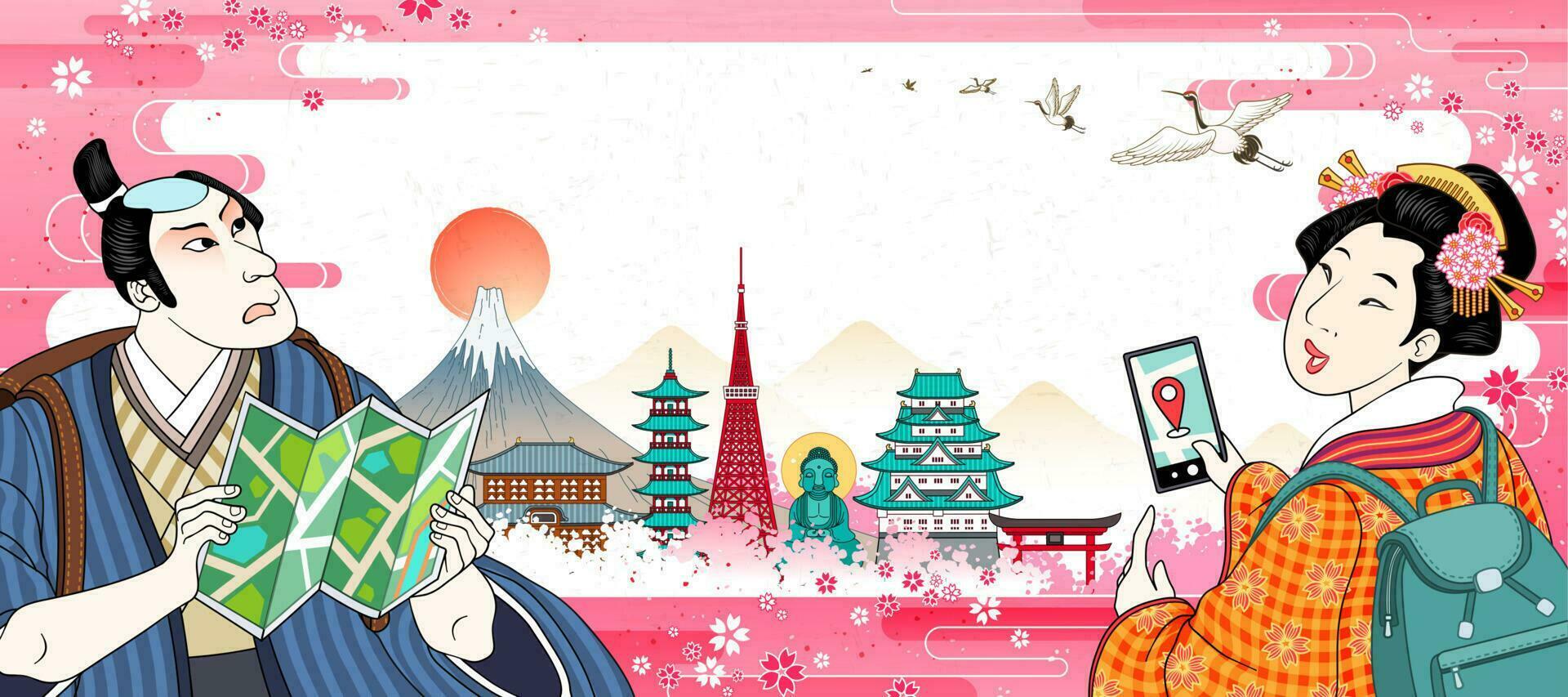 Backpacking in Japan concept, with geisha and samurai ready to visit world famous landmarks of Japan vector