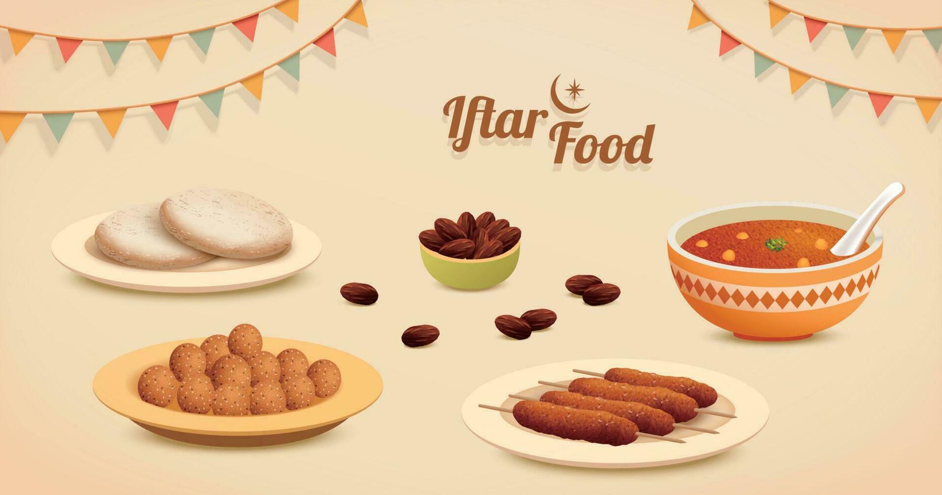 Five Iftar Dishes isolated on beige background with party flags decoration vector
