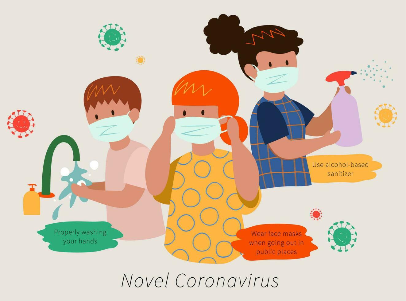 Best ways to fight Novel Coronavirus including wash hands, put on mask and use sanitizing spray, health promotion illustration for COVID-19 vector
