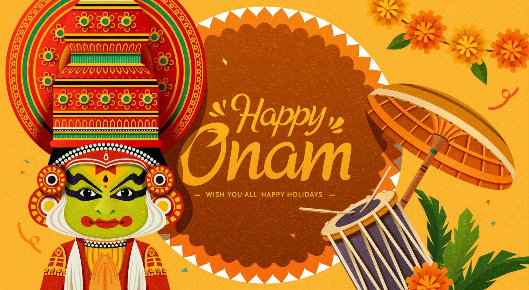 Happy Onam festival with Kathakali dancer and chenda elements vector