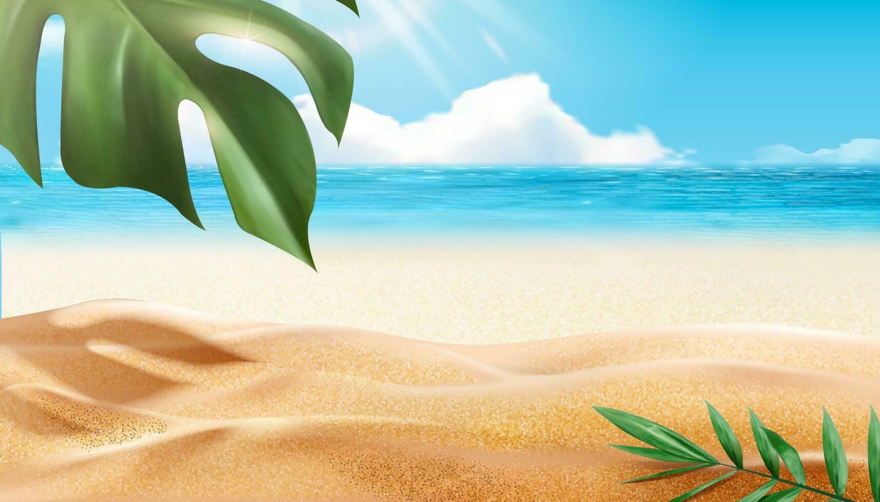 Beautiful summer beach with tropical plants in 3d illustration vector