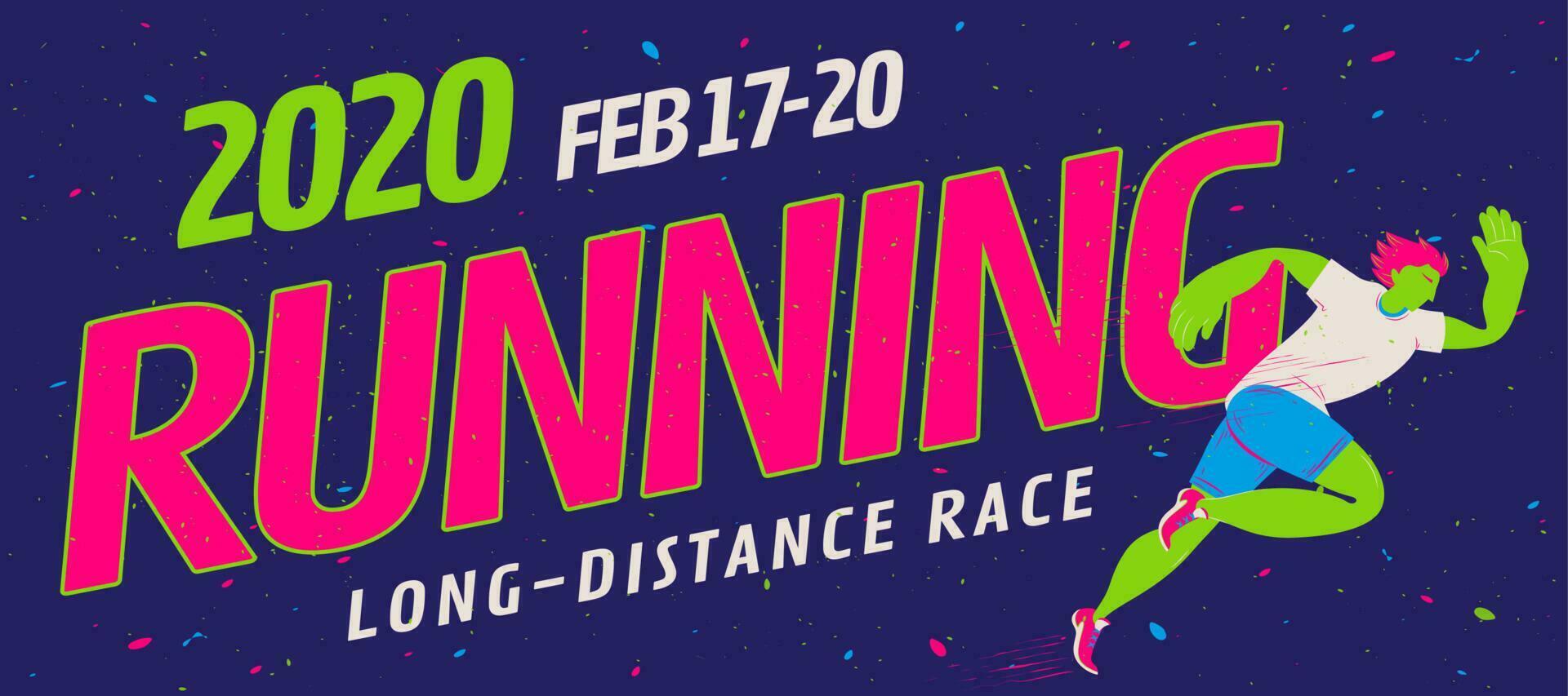 Colorful running event banner with fluorescent green runner on dark blue background vector