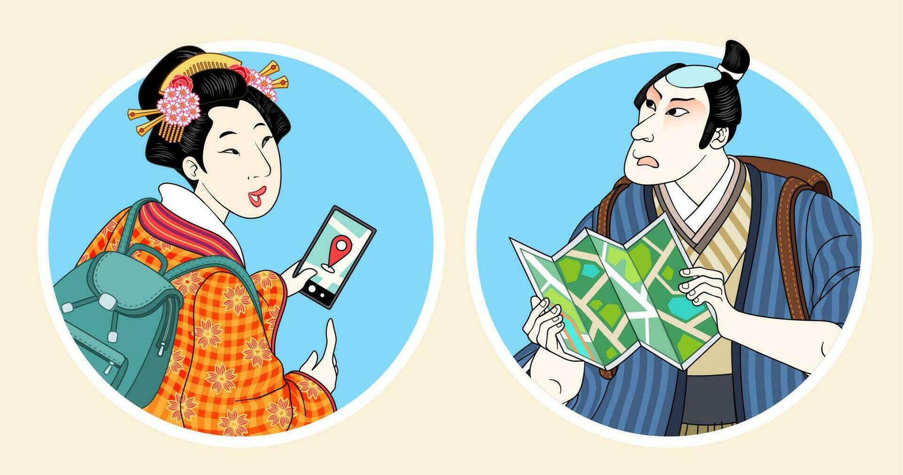 Backpacking Japan elements, with geisha using smartphone and samurai reading map for location, isolated on beige background vector