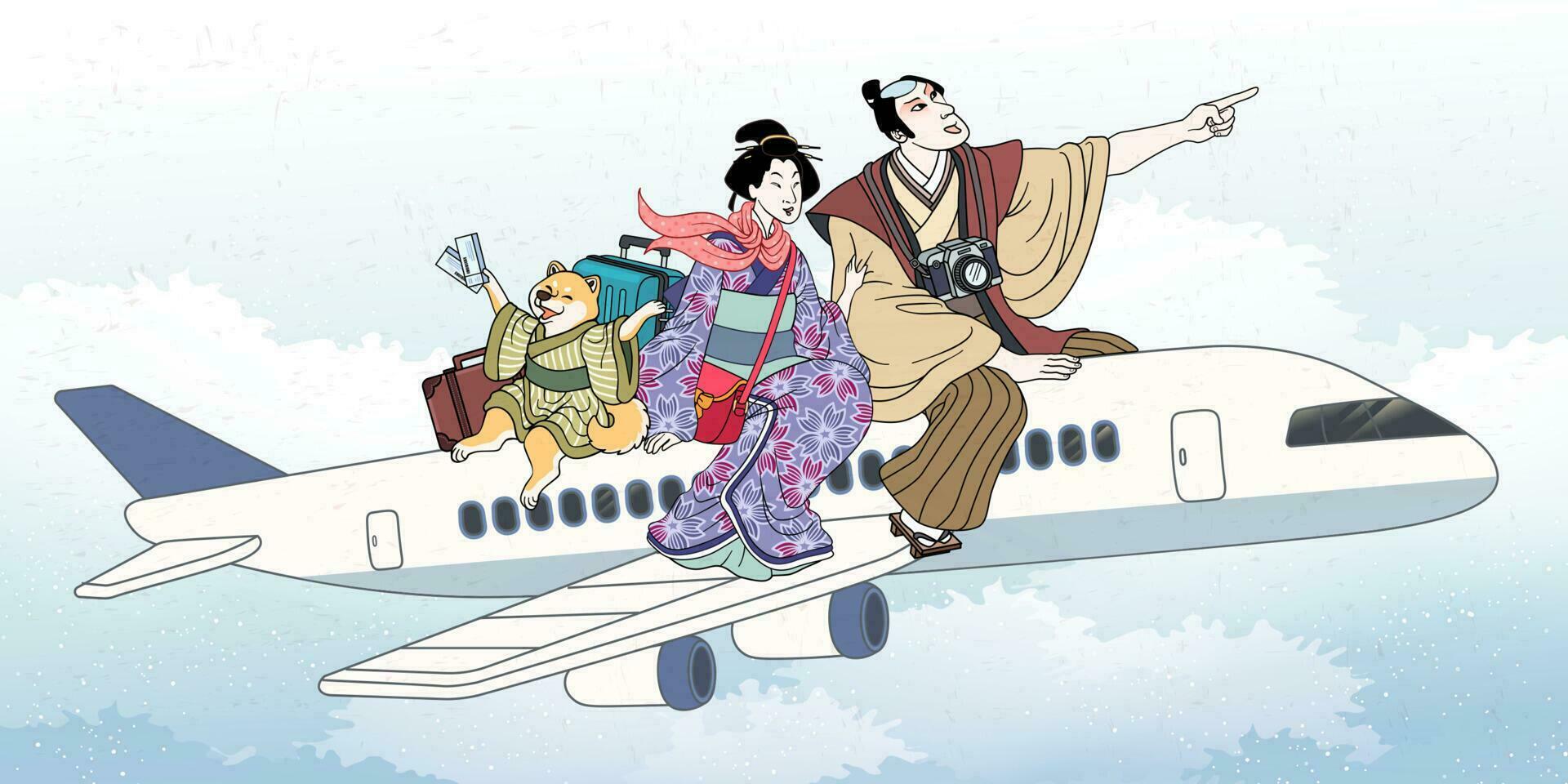 Travel to Japan concept, with geisha, samurai and shiba inu dog sitting on airplane excitingly, isolated on cloudy background vector