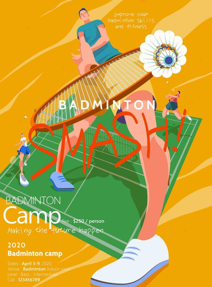 Badminton camp promotion poster, male character doing drop shot decorated with badminton court on abstract background vector