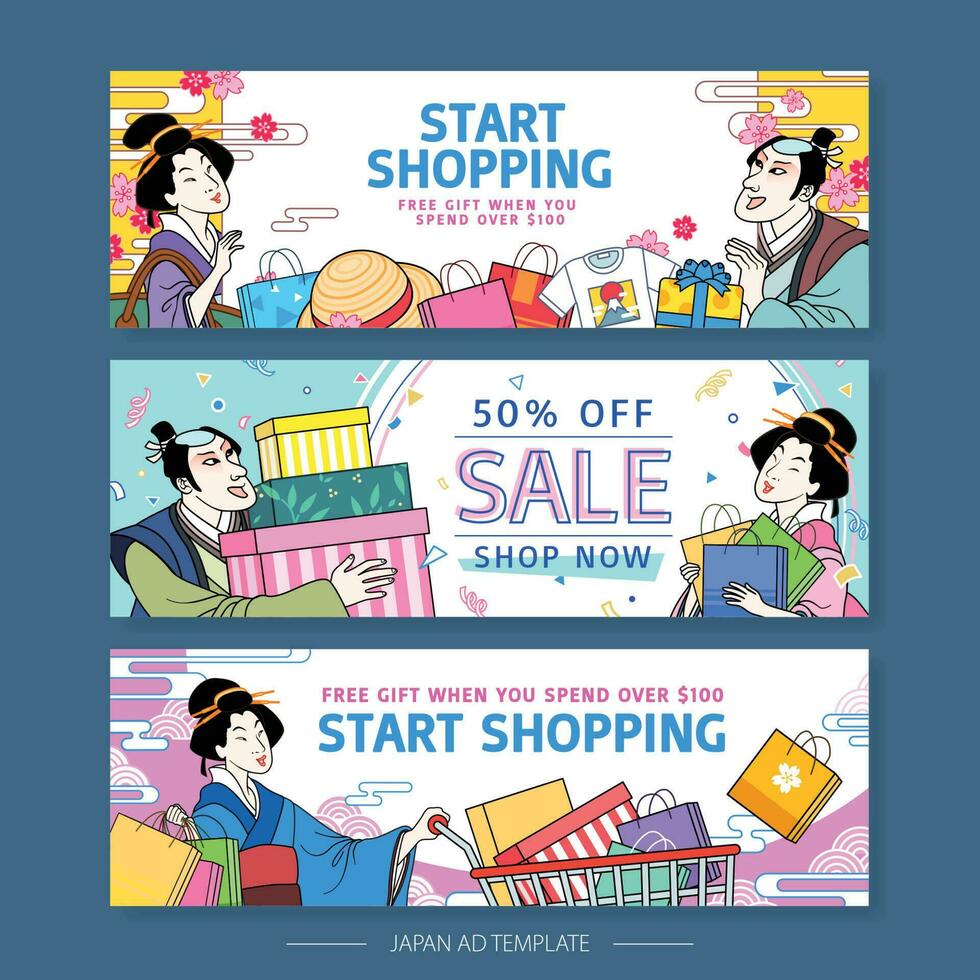 Shopping season ukiyo-e style banner design with retro characters enjoying buying gifts vector