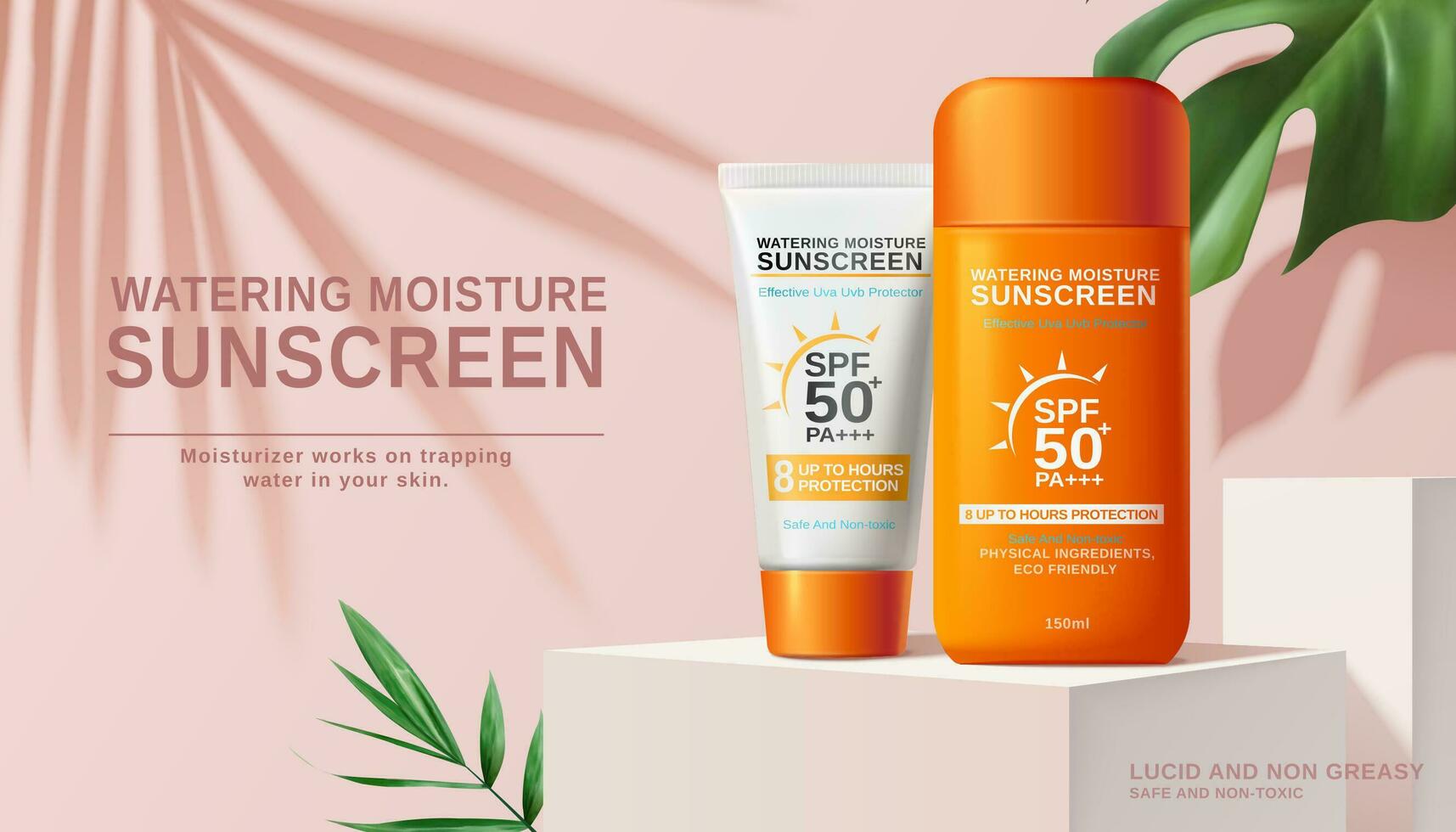 Moisture sunscreen ads on white square stage with tropical plants in 3d illustration, pink background vector