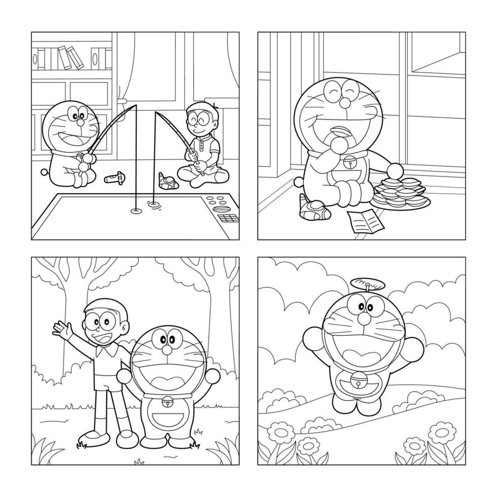 Robot Cat and His Friend in Children Coloring Book Pages vector