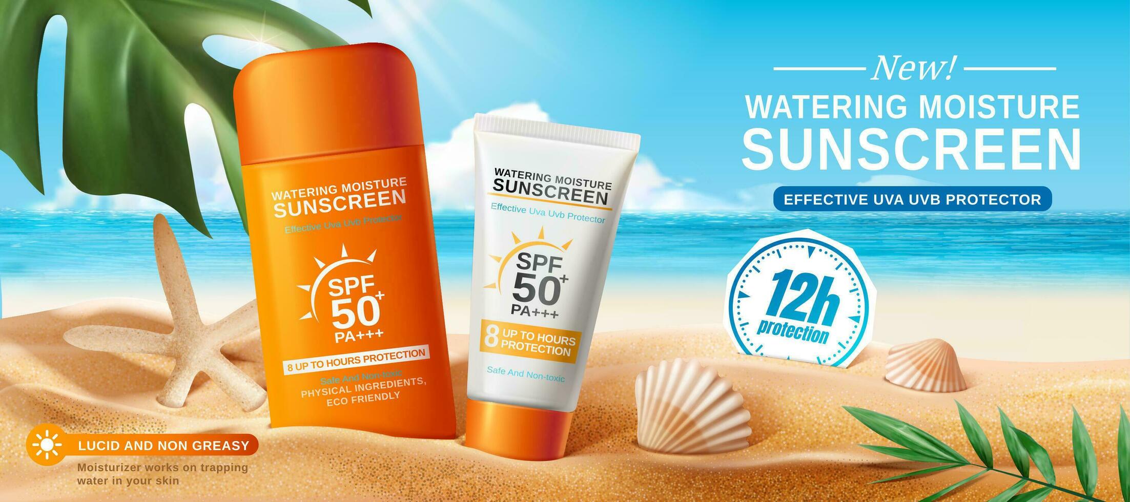 Sunscreen ads on beautiful beach and tropical plants, seashell decorations in 3d illustration vector