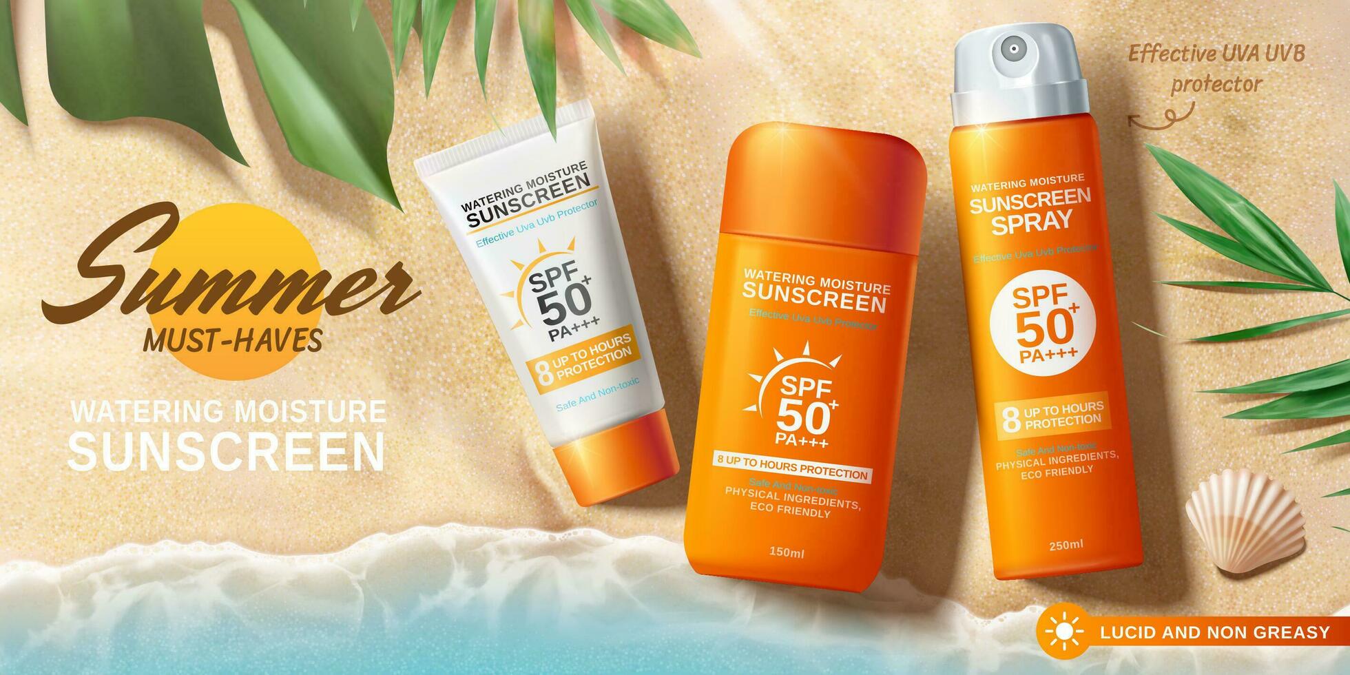 Sunscreen ads on beautiful beach and tropical plants decorations in 3d illustration, top view vector
