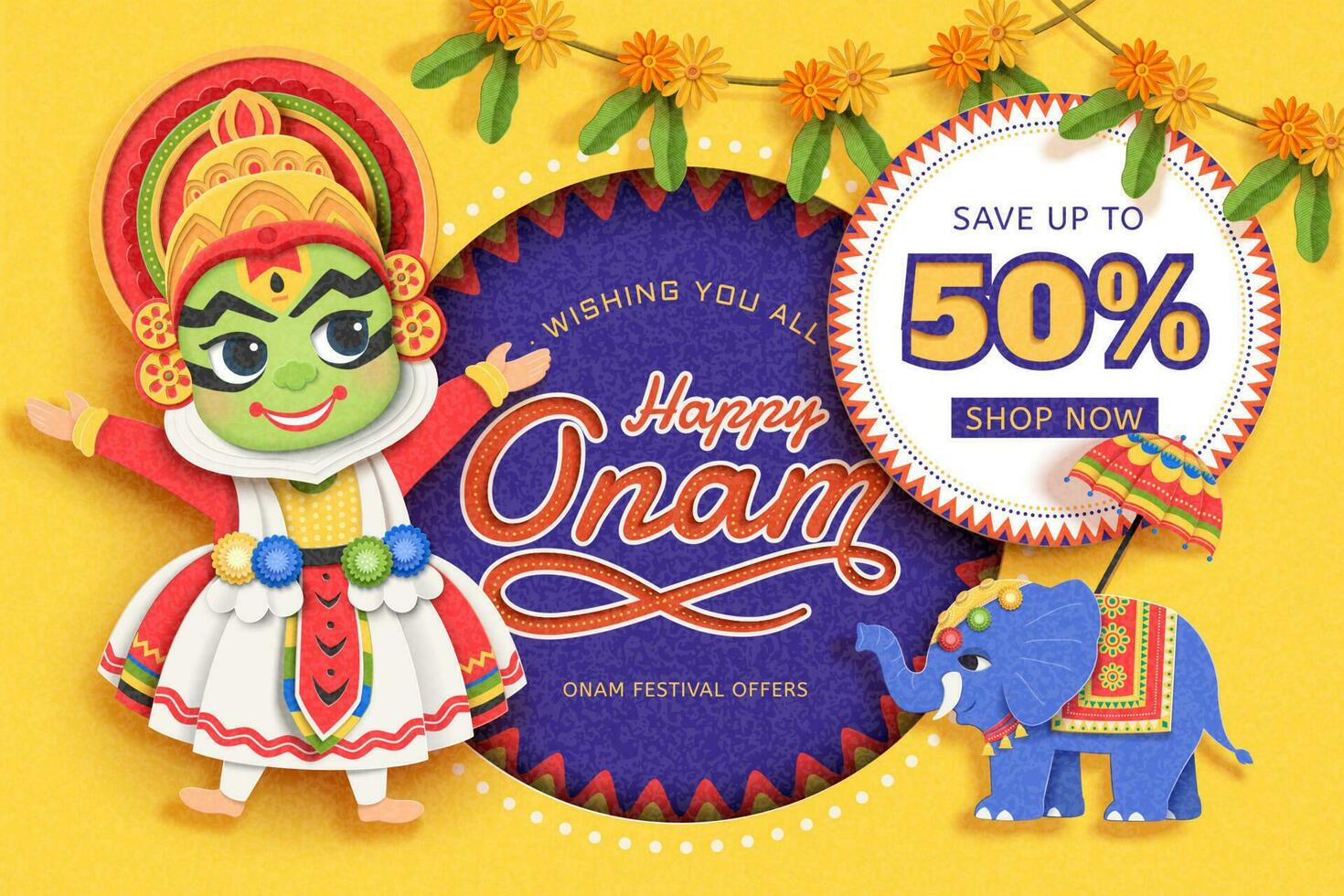 Happy Onam festival sale design with cute Kathakali dancer and elephant procession in paper art vector