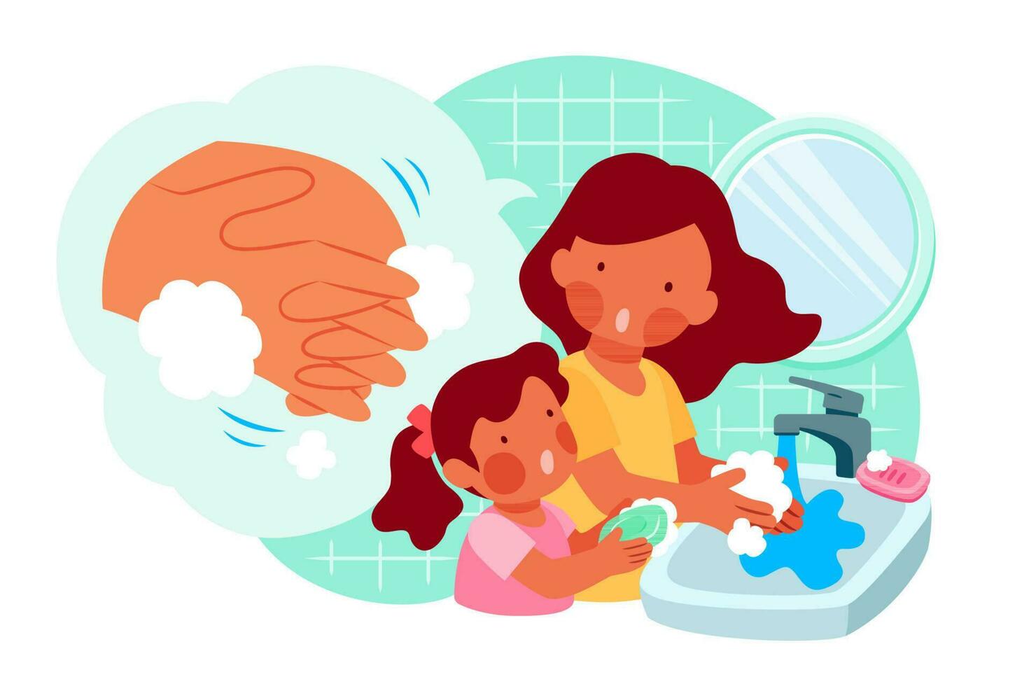 mamá es enseñando su hija cómo a lavar manos correctamente con jabón, covid-19 higiene promoción en plano estilo vector