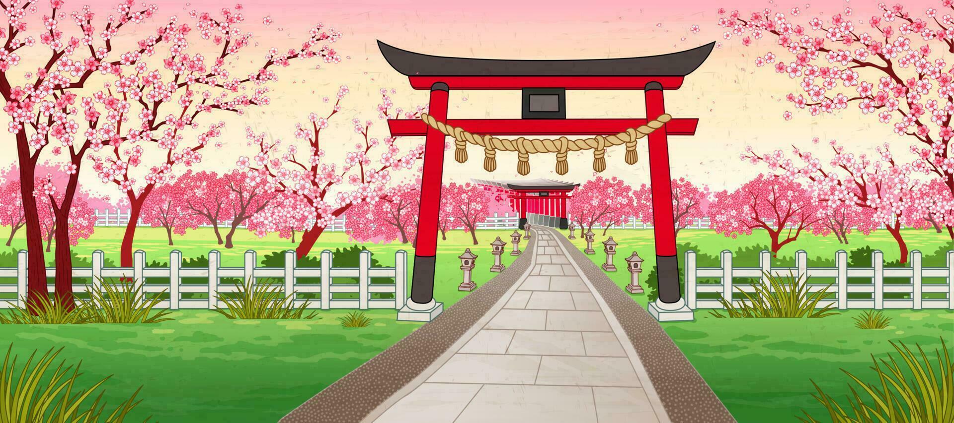 Japan ukiyo-e style cherry blossom garden with traditional Japanese shrine gate, torii vector