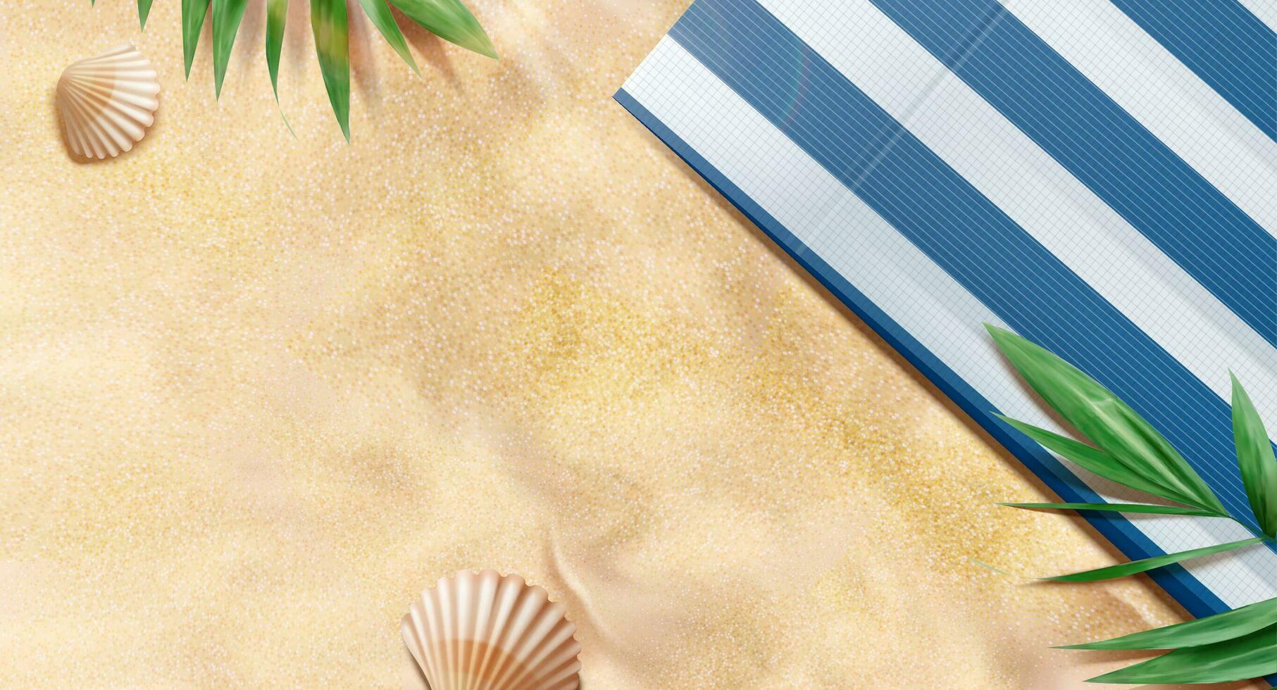 Top view summer beach with tropical plants and striped blanket in 3d illustration vector