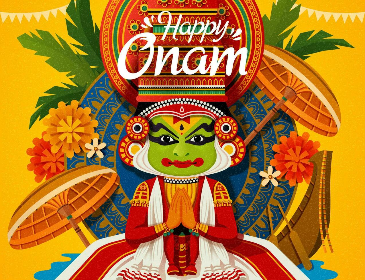 Happy Onam festival with Kathakali dancer and snake boat elements vector