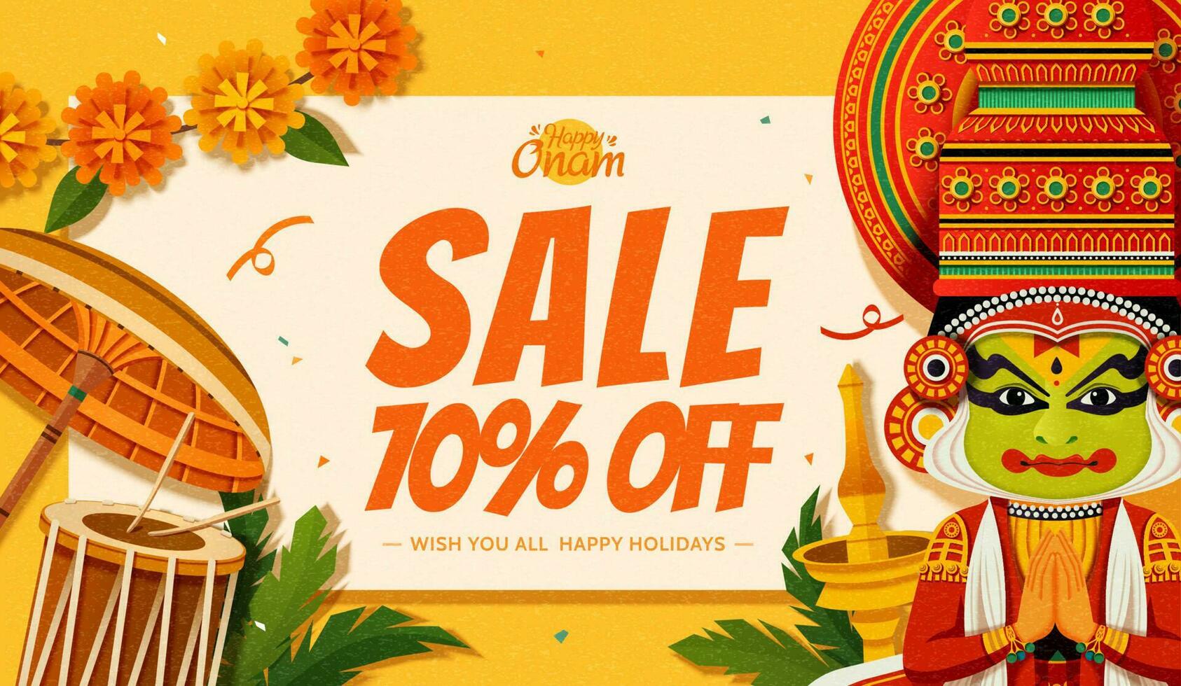 Happy Onam festival sale with Kathakali dancer and chenda elements vector