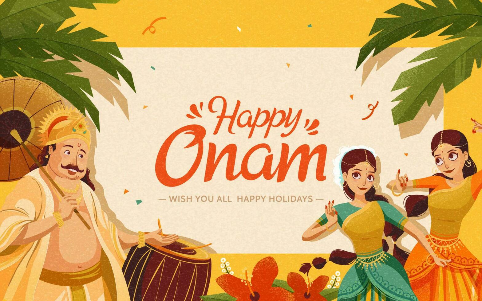 Happy Onam illustration with Mahabali king and dancers on chrome yellow background vector