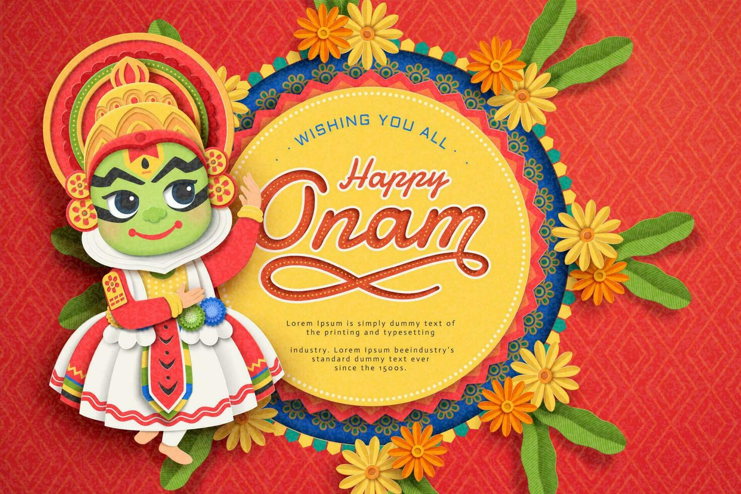 Happy Onam festival design with cute Kathakali dancer and marigold decorations in paper art vector