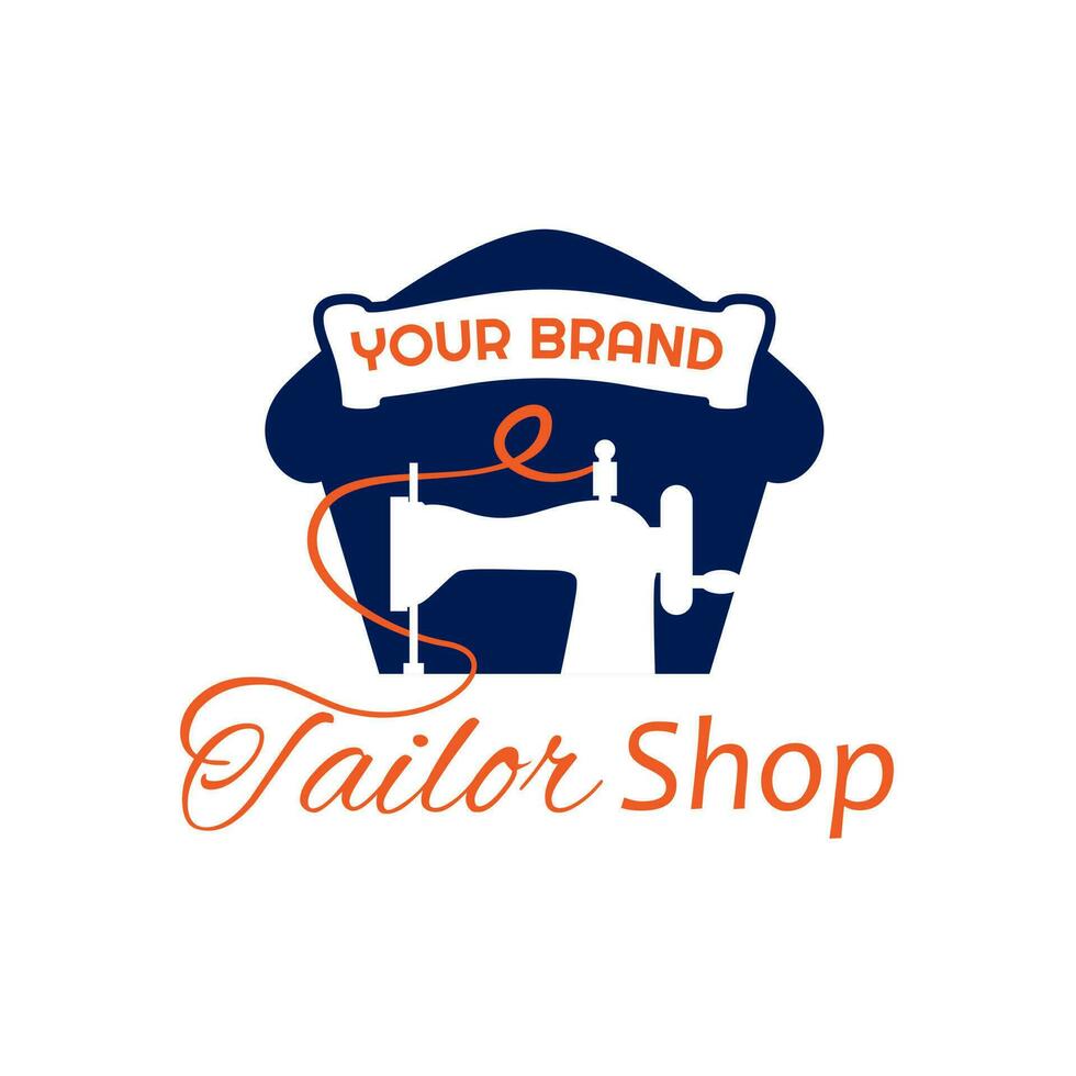 Tailor Shop logo design with sewing machine and store house symbol vector