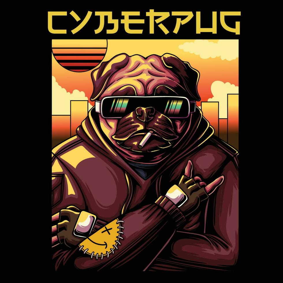 Pug dog cyberpunk style vector illustration