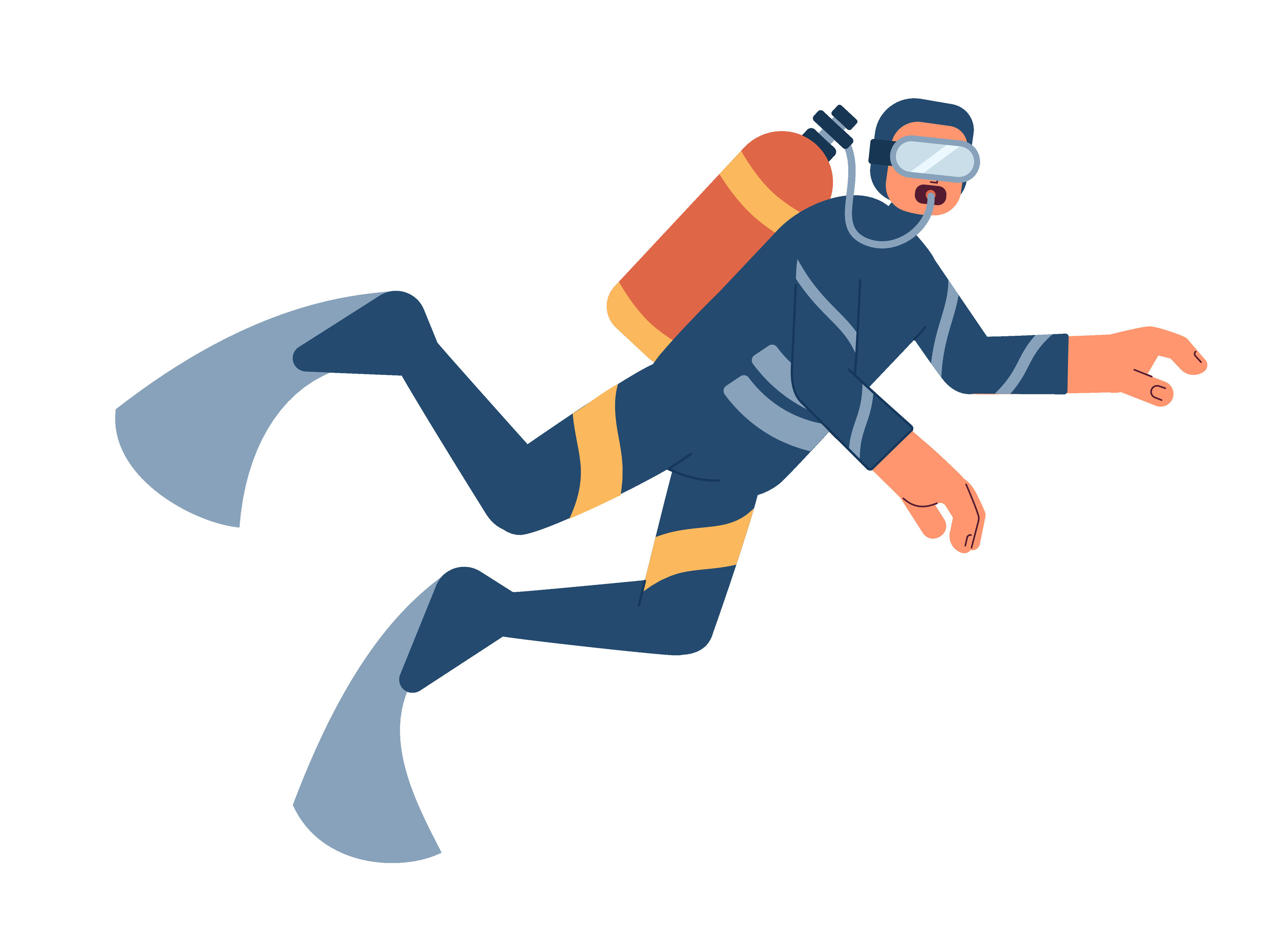 Male scuba diver swimming underwater semi flat colorful vector character. Snorkeling man. Diving