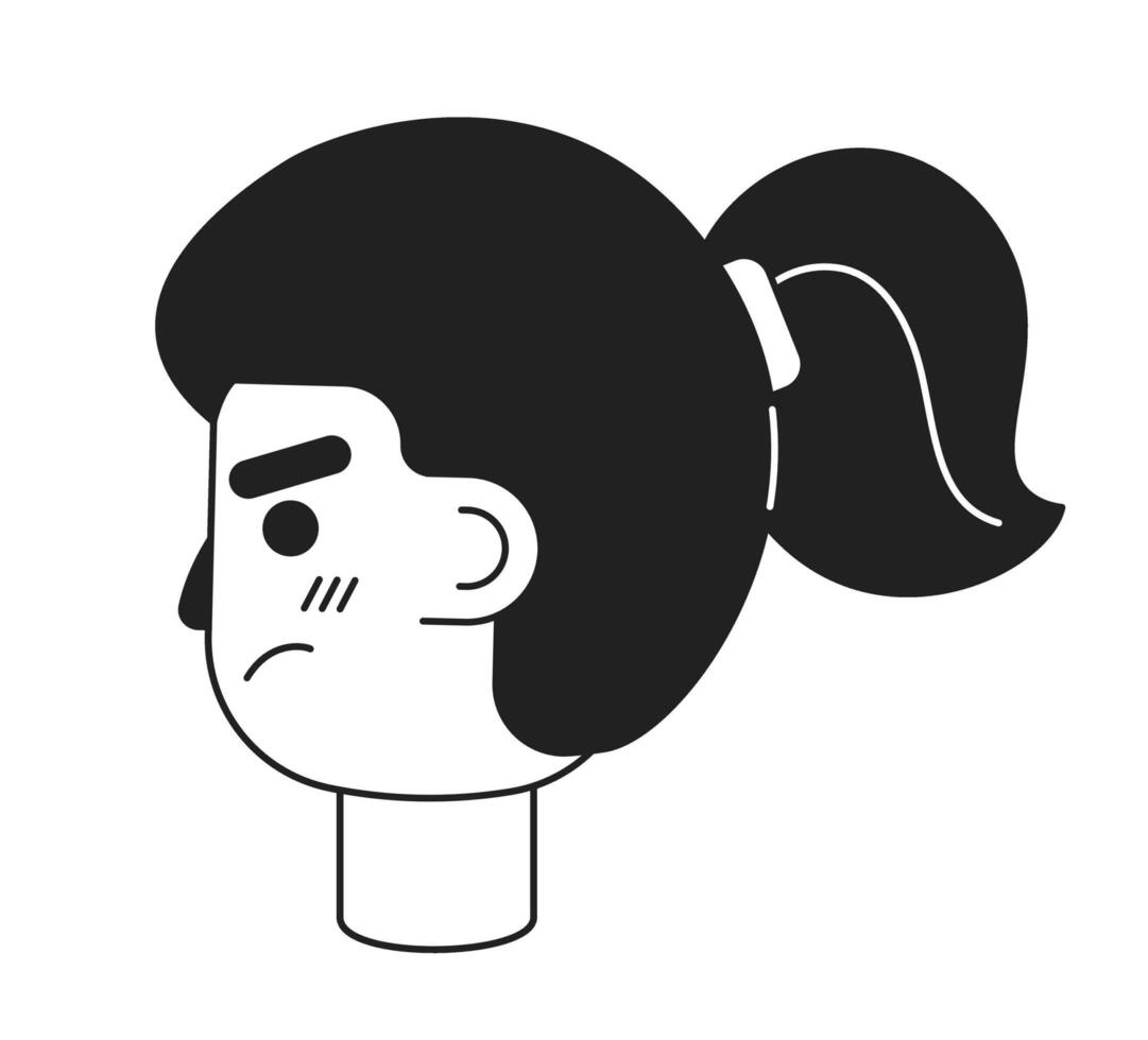 enojado hembra adolescente con cola de caballo lado ver monocromo plano lineal personaje cabeza. gruñón. editable contorno mano dibujado humano cara icono. 2d dibujos animados Mancha vector avatar ilustración para animación