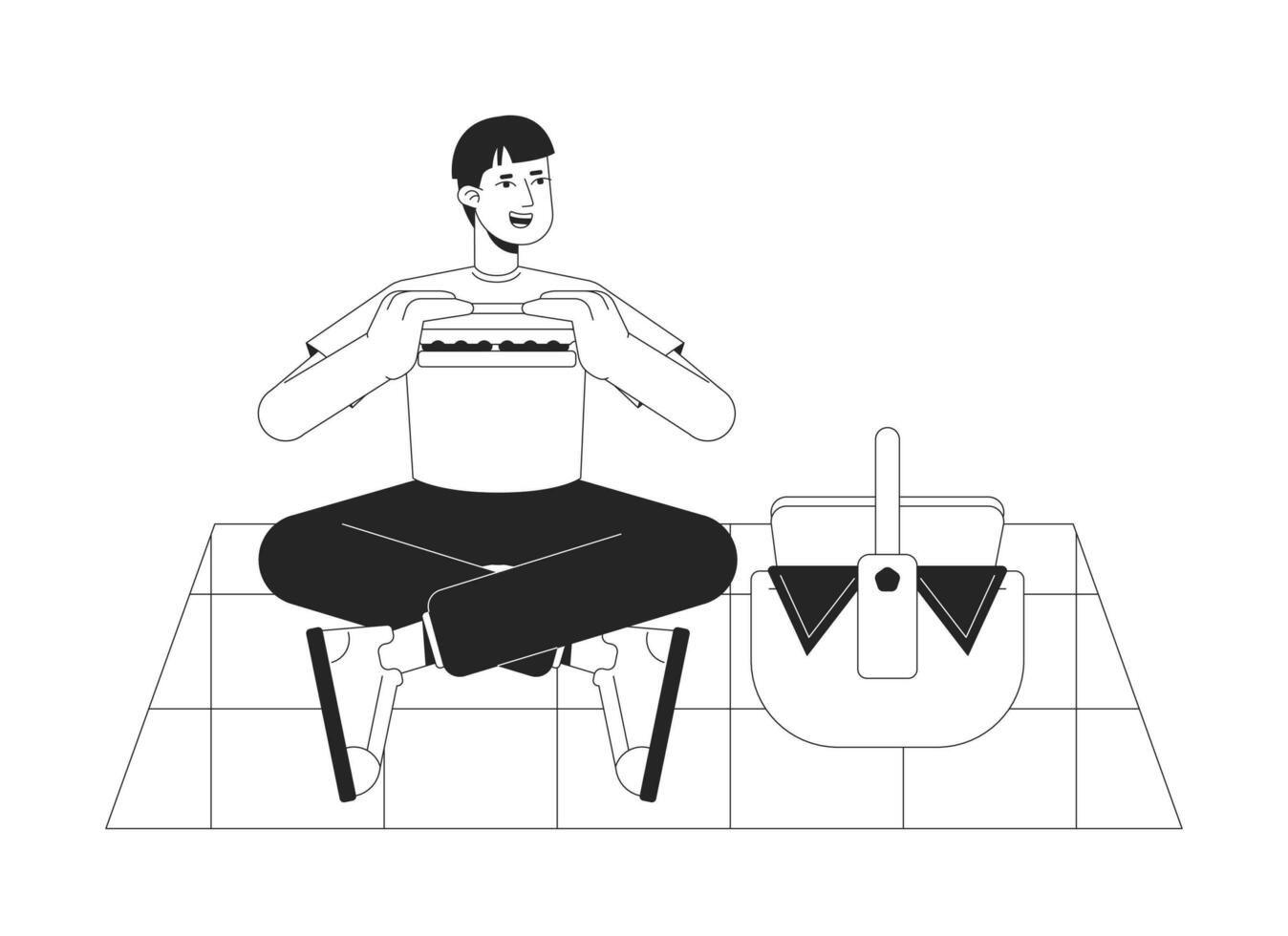 Guy eating sandwich on summer picnic bw vector spot illustration. Happy man with picnic basket 2D cartoon flat line monochromatic character for web UI design. Editable isolated outline hero image