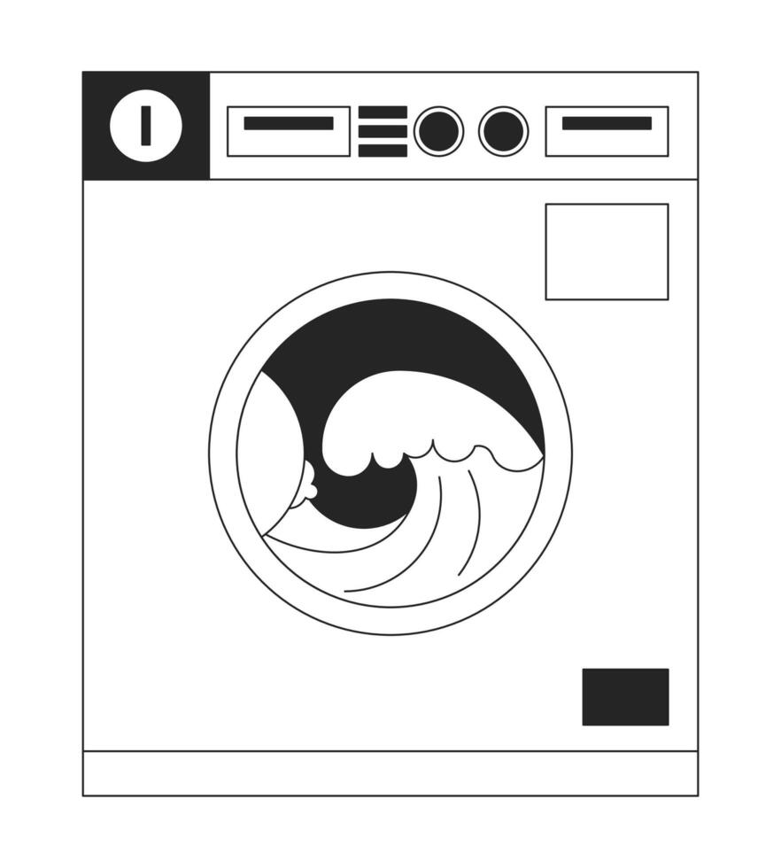 Coin operated washing machine with ocean waves line art vector cartoon icon. Editorial, magazine spot illustration black and white. Outline object isolated on white. Editable 2D simple drawing