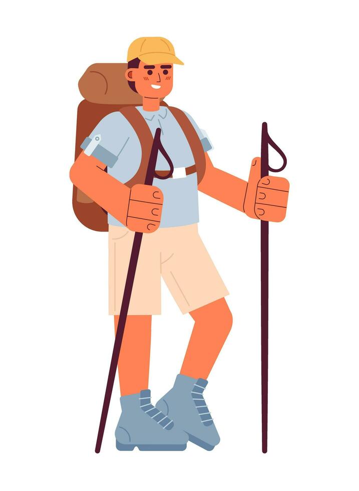 sonriente masculino mochilero con trekking polos semi plano vistoso vector personaje. contento hombre con excursionismo personal. editable lleno cuerpo persona en blanco. sencillo dibujos animados Mancha ilustración para gráfico diseño