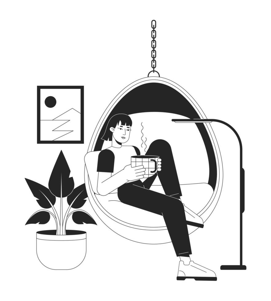 acogedor estilo de vida bw vector Mancha ilustración. mujer con café taza 2d dibujos animados plano línea monocromo personaje para web ui diseño. Bebiendo té en colgando huevo silla editable aislado contorno héroe imagen