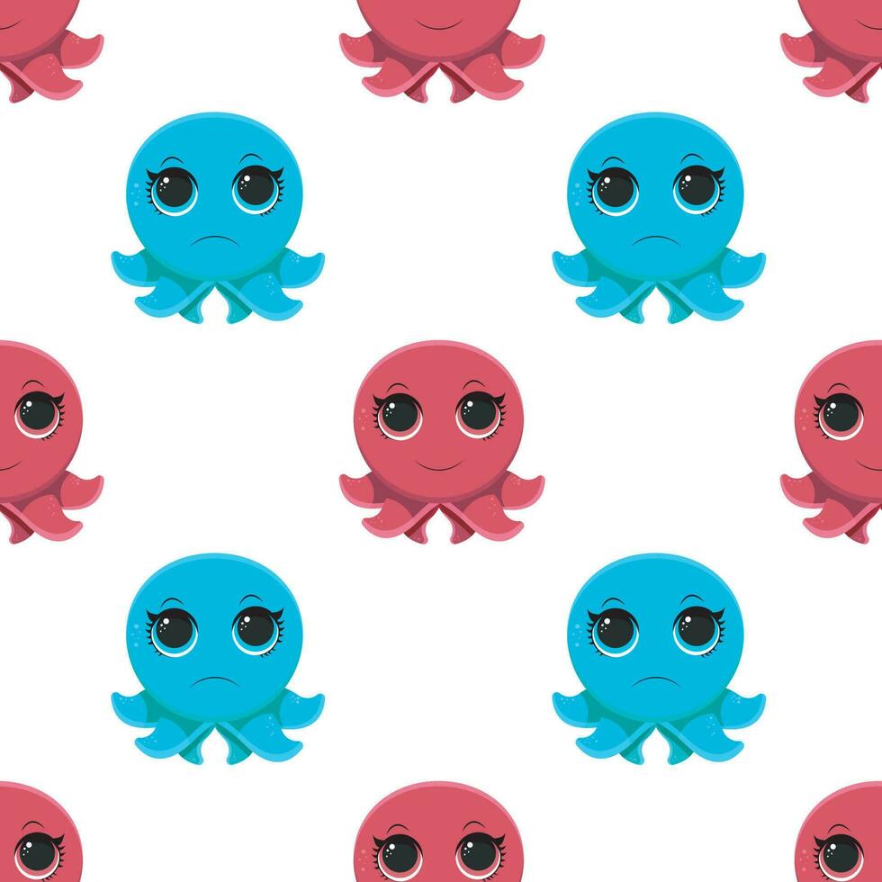 Cute octopus seamless pattern with underwater animals isolated on white background. Hand drawn Scandinavian style vector illustration.