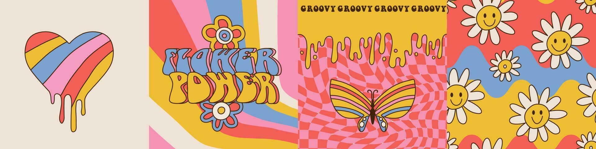 Groovy Hippie 70s square cards Set . Flower power Trippy Psychedelic banners - Daisy Flowers, Melting Wavy Stripes in Retro Cartoon Style for Case Phone, Posters, Cards, Social media Stories. Vector. vector