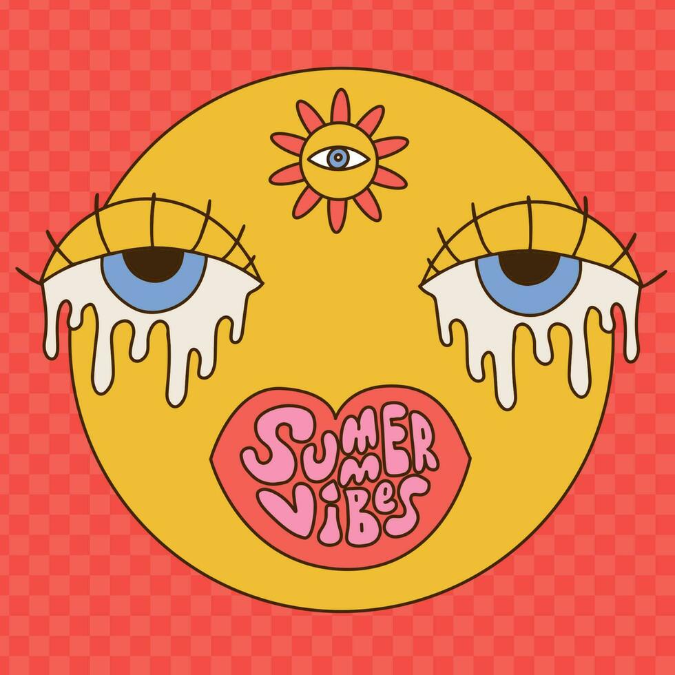 Lettering Summer vibes in lips shape on a round emoji face in groovy style. Positive Retro psychedelic trippy face with melting eyes. 60s, 70s, 80s, 90s vibes lettering. Vector illustration