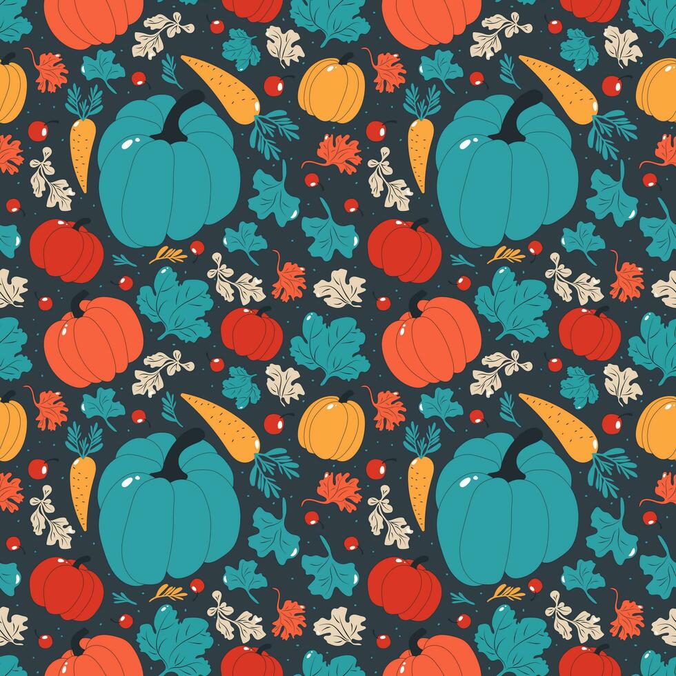 Seamless pattern with pumpkins and plants. Vector pattern with blue and orange pumpkins and carrots on a dark blue background in the style of Scandinavian folk, rustic motifs. Rustic fall plant print