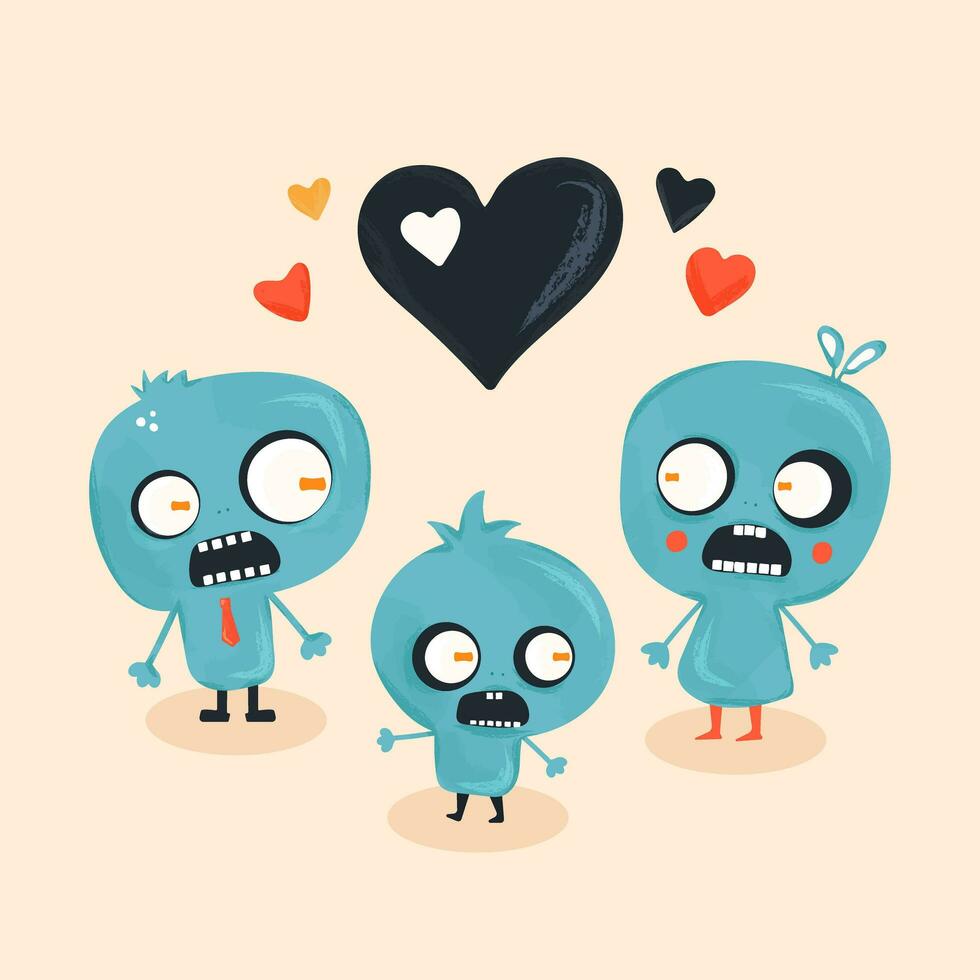 Vector illustration of zombie family blue. Funny illustration of cute bright zombies for Halloween holiday print