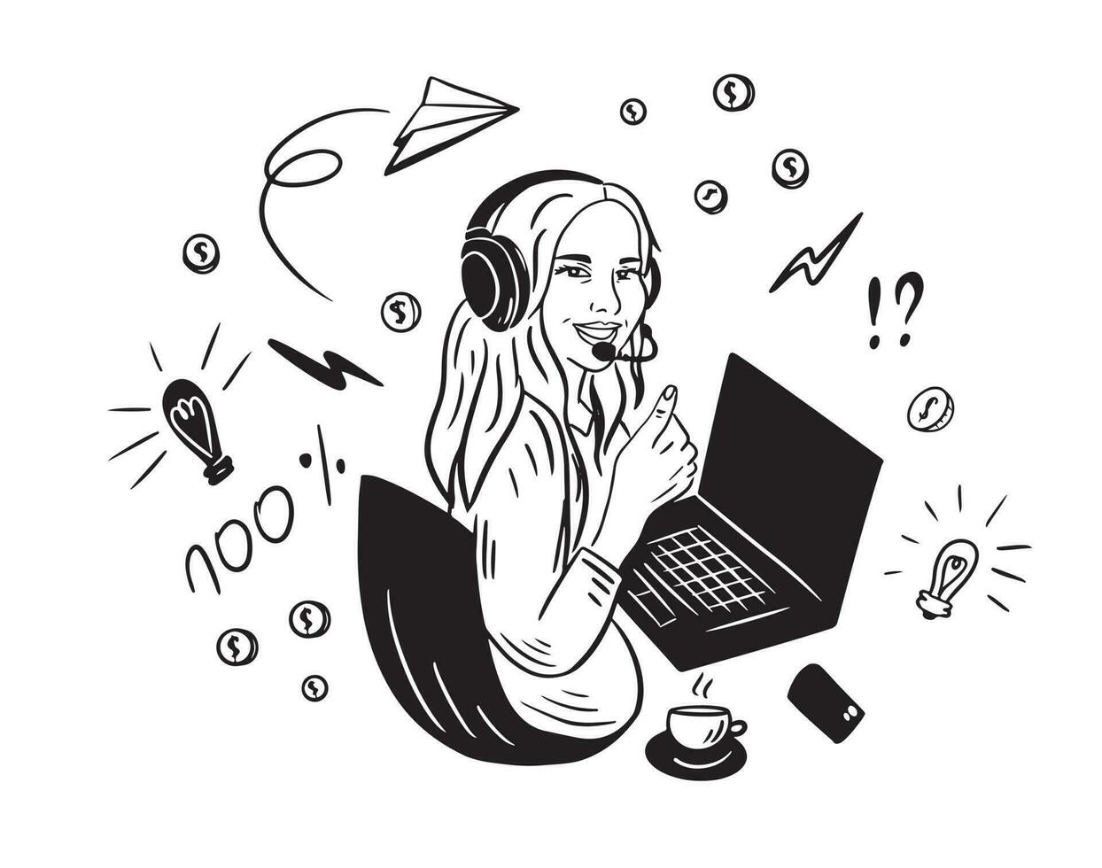 Girl freelancer in headphones and in front of a laptop came up with a business idea to get rich.Set of business items.Business concept.Vector illustration. vector