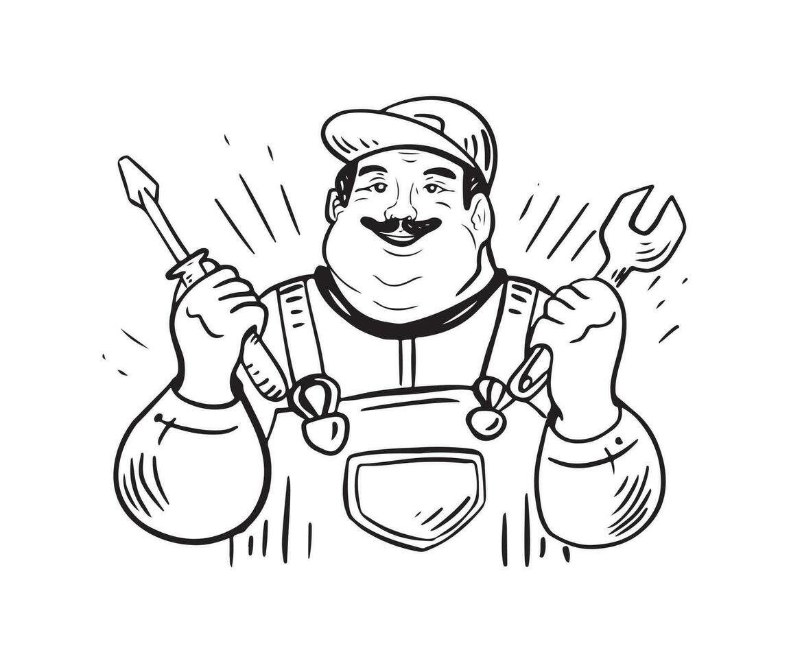Plumber worker holding wrench and screwdriver.Handyman logo.Houseworker in vector illustration.