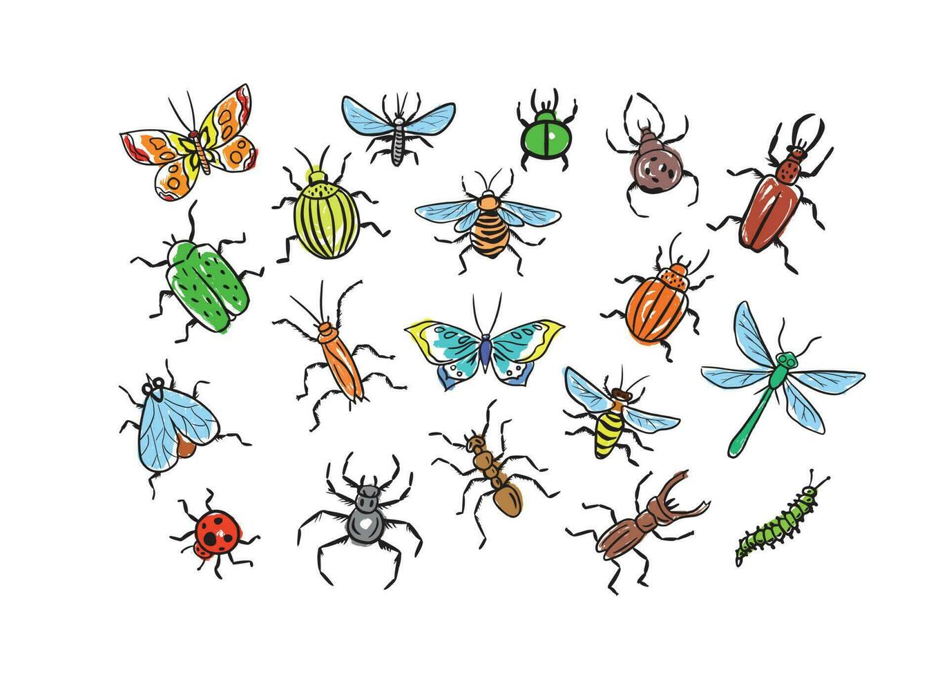 Set of insects in color drawn in doodle style.Hand made.Vector illustration. vector