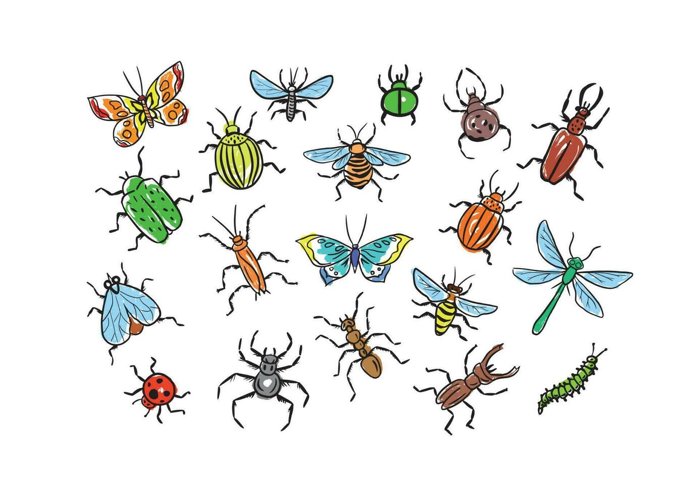 conjunto de insectos en color dibujado en garabatear estilo.mano hecho.vector ilustración. vector