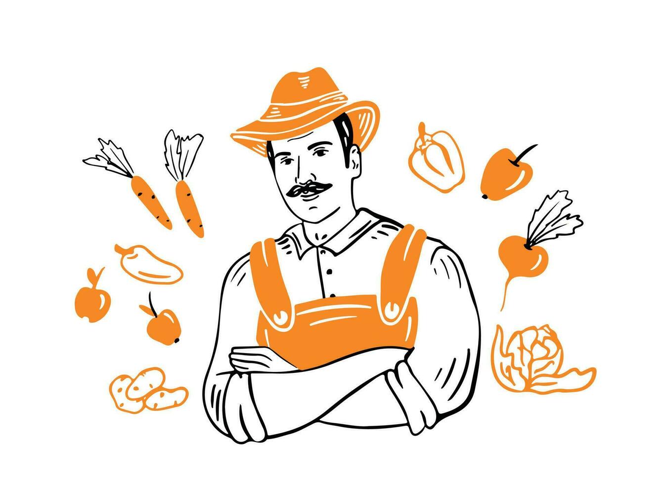 granjero en un sombrero con un conjunto de vegetales.vector ilustración. vector