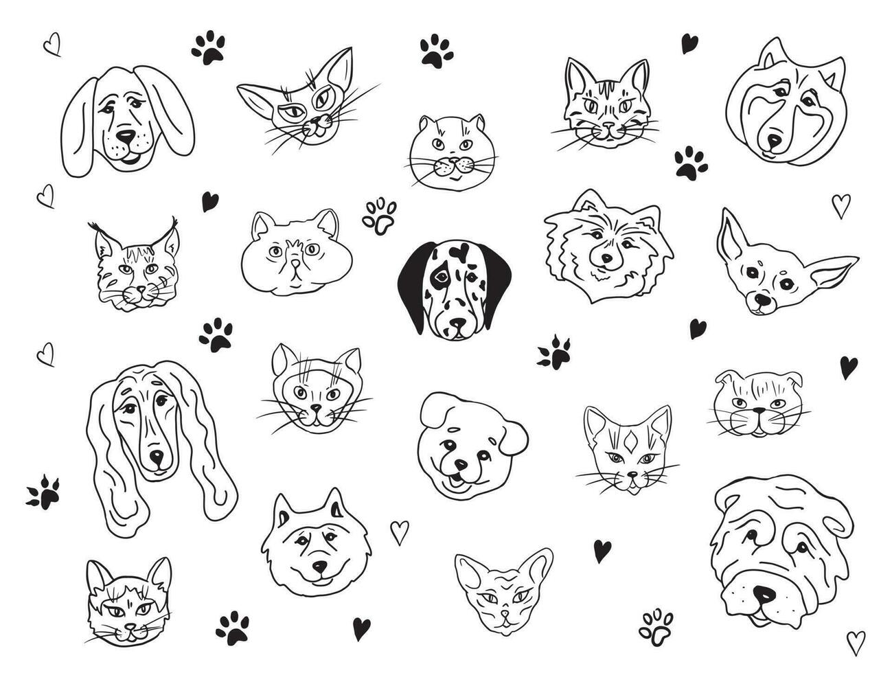 Set of pet portraits.Cats and dogs of different breeds together.Vector illustration.Drawn in doodle style. vector