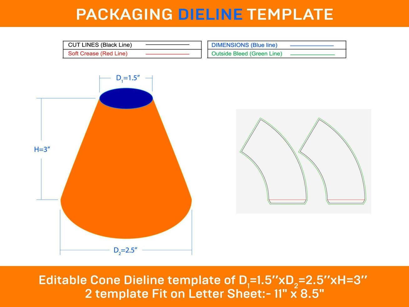 Cake Ice cream cone D1 1.5xD2 2.5xH 3 inch Dieline Template vector