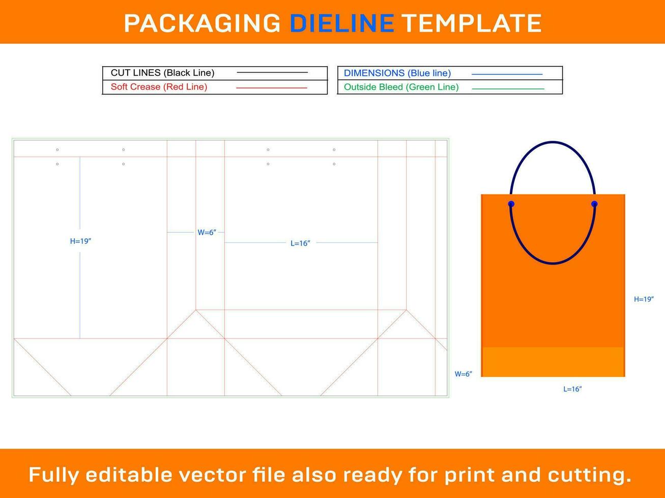 compras bolso 16x6x19 pulgada dieline modelo vector