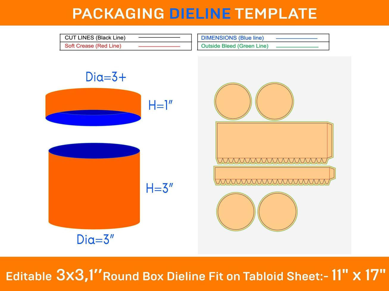 Christmas Box, round lid gift box dieline template with the dimension H1 3, D 3, H2 1 inch vector
