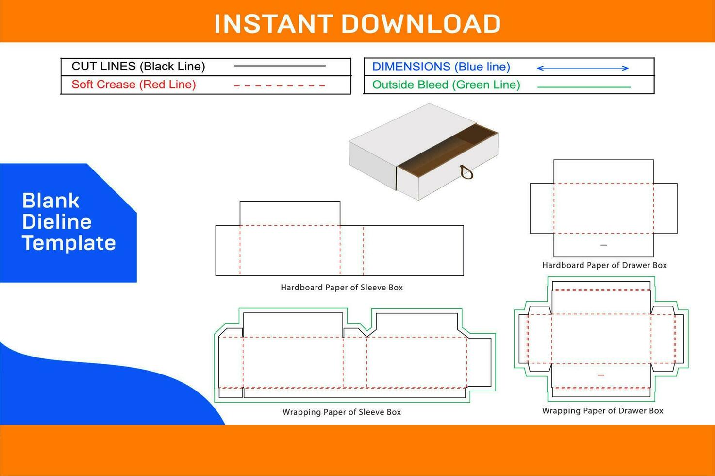 Sleeve drawer box dieline template and 3D box design coloe changeable and editable Blank dieline template vector